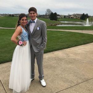 blue and white prom dress